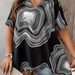  Abstract Print Short Sleeve Notched Neck Tunic Top
