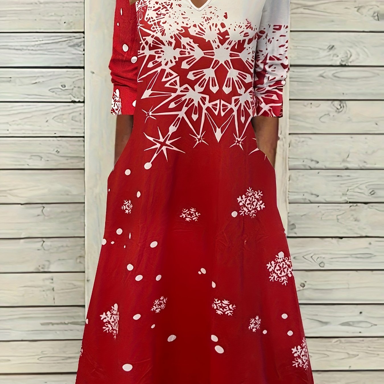  Christmas Casual Dress Women's Plus Snowflake Print Three Quarter Sl