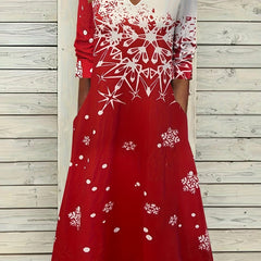  Christmas Casual Dress Women's Plus Snowflake Print Three Quarter Sl