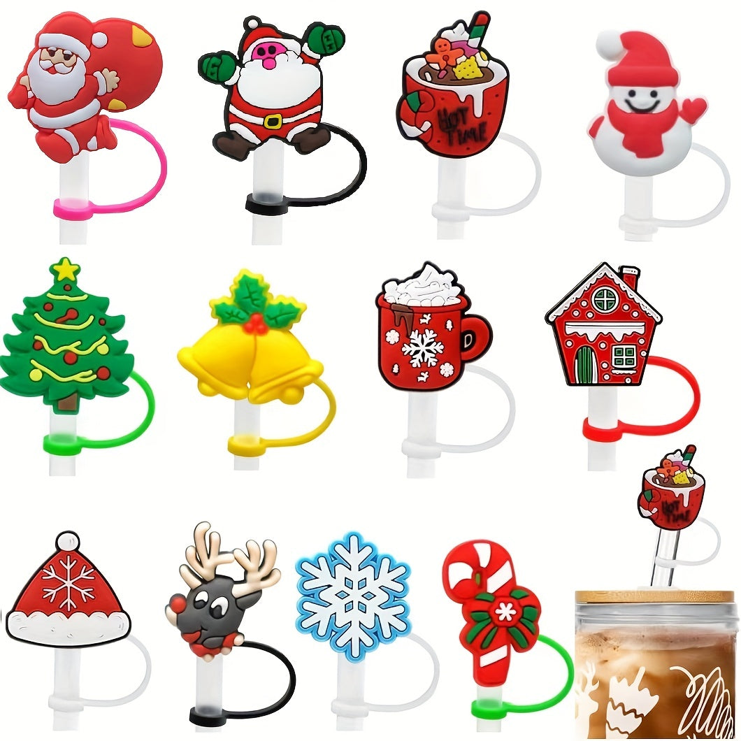 12pcs Cartoon Christmas Straw Cover Reusable Dustproof Straw Plugs Cup Accessori
