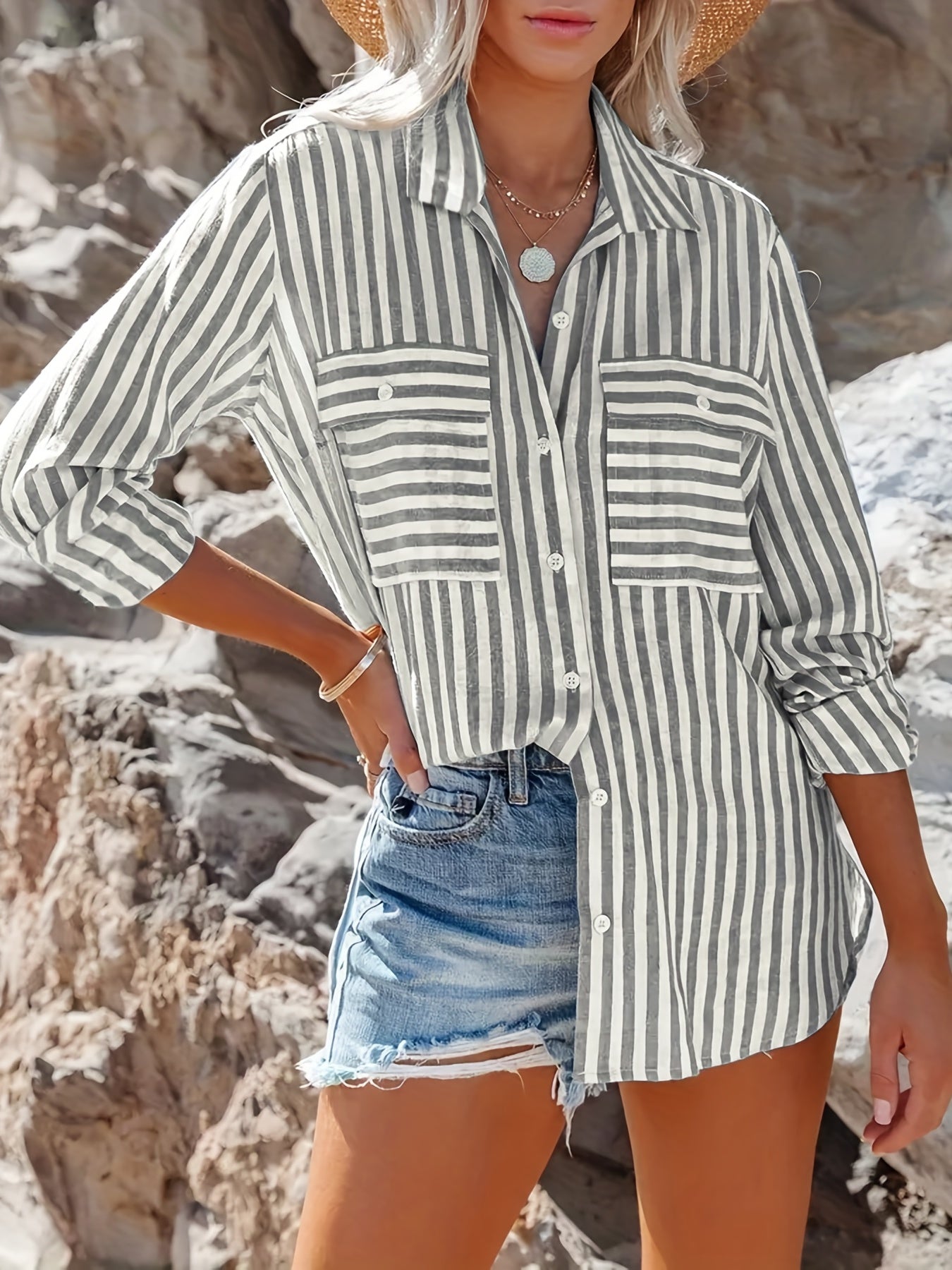  Stripe Print Long Sleeve Button Up Blouse