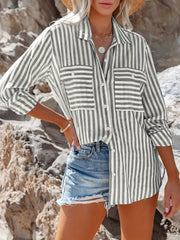  Stripe Print Long Sleeve Button Up Blouse