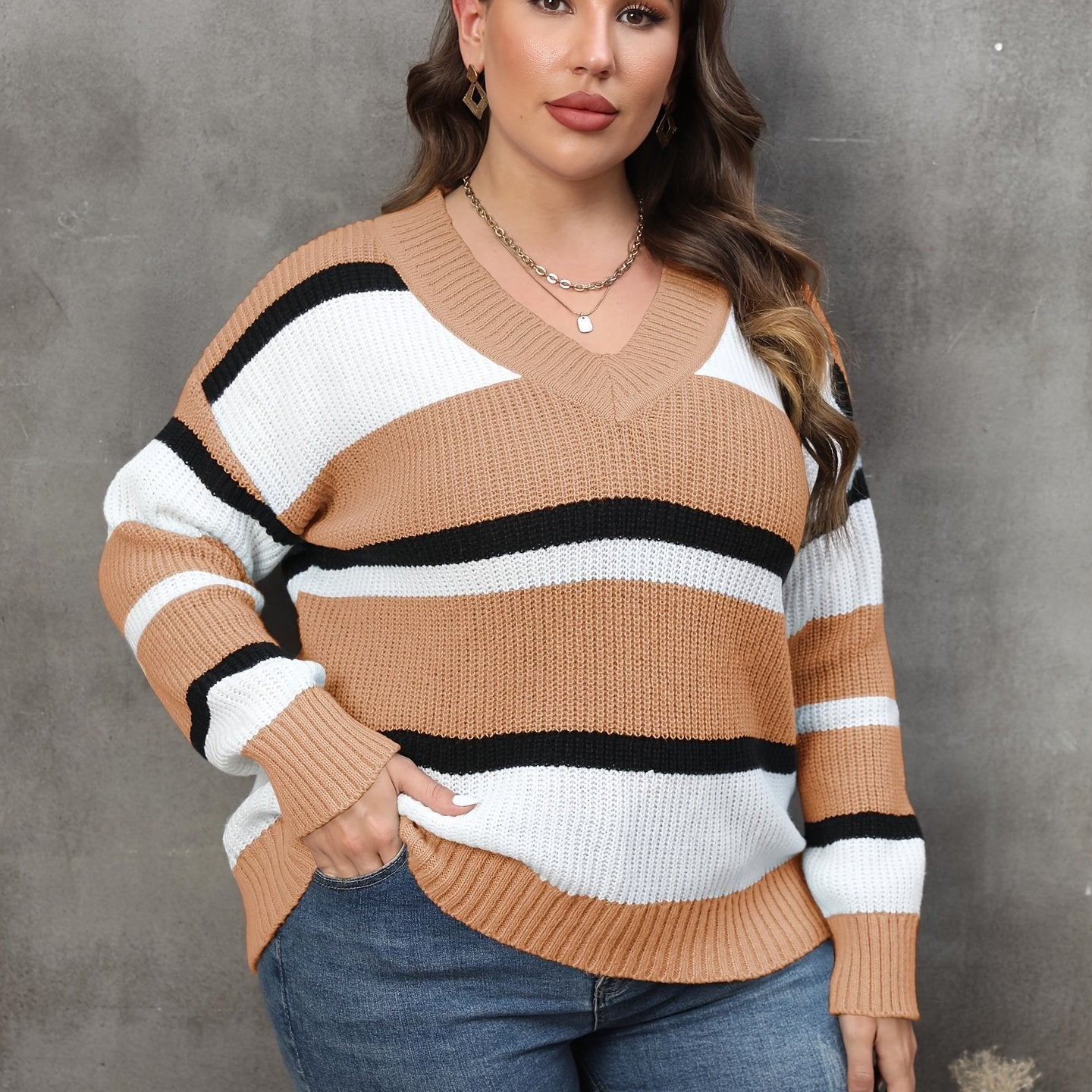  Colorblock V Neck Sweater Long Sleeve Stretch Jumper