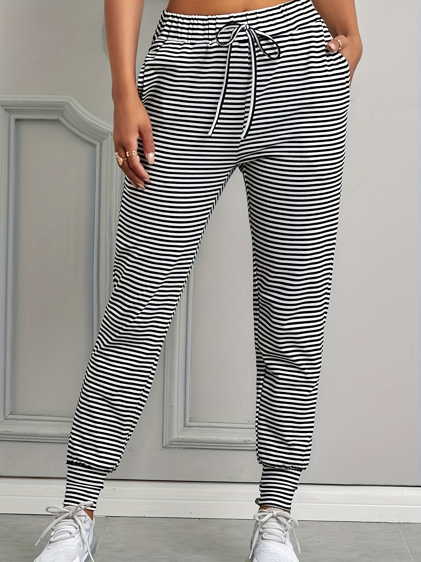  Stripe Print Elastic Drawstring High Rise Jogger Pants