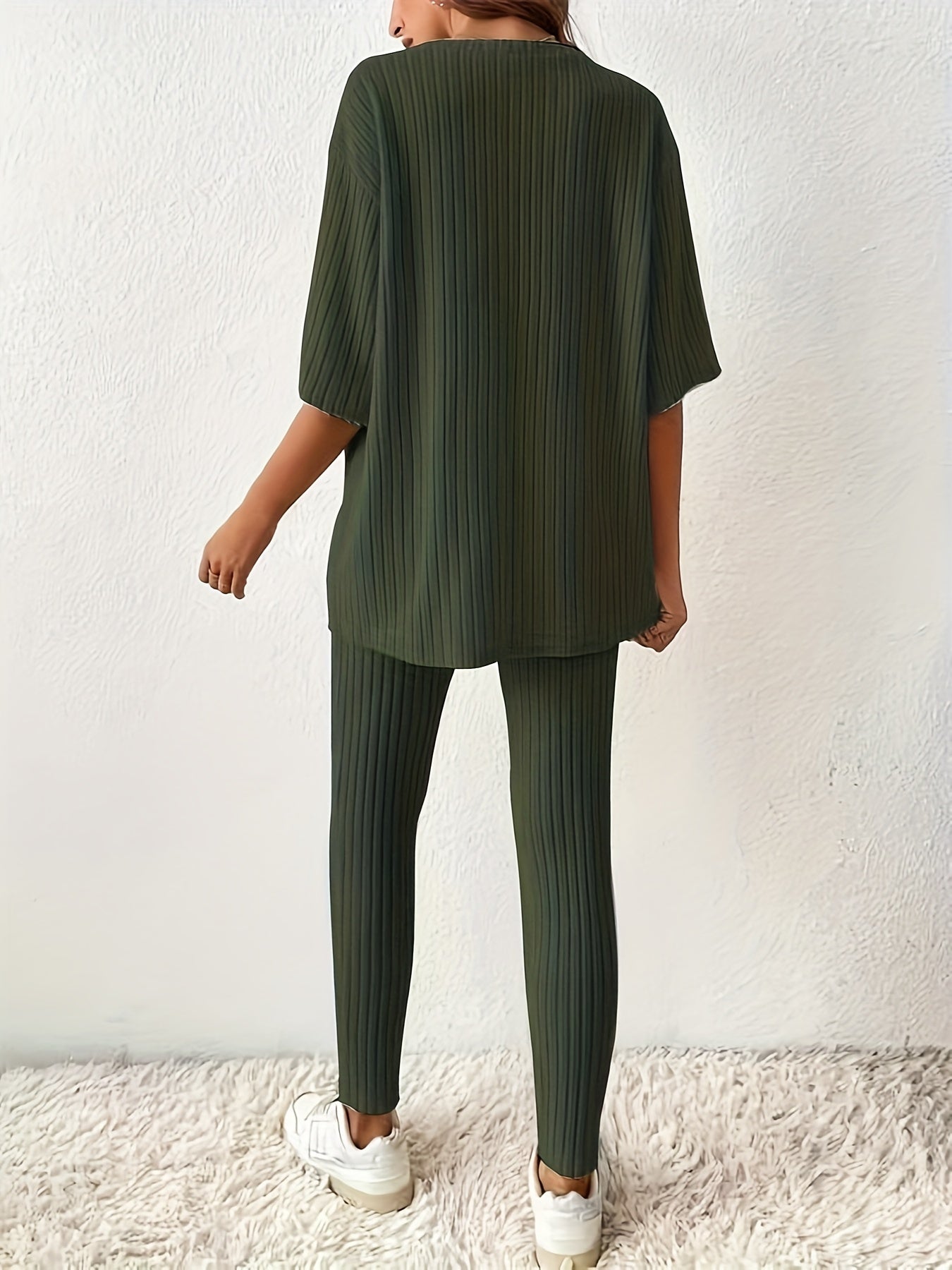 Ribbed Knit Two piece Set Drop Shoulder Short Sleeve T shirt & Slim Pants
