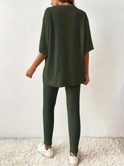 Ribbed Knit Two piece Set Drop Shoulder Short Sleeve T shirt & Slim Pants