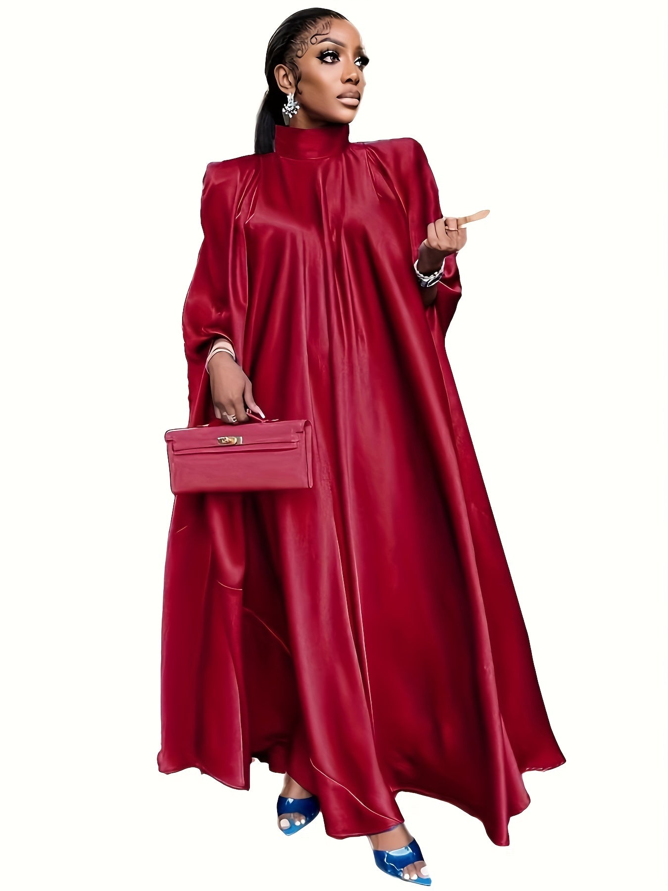  Satin Bat Sleeve Maxi Caftan Dress
