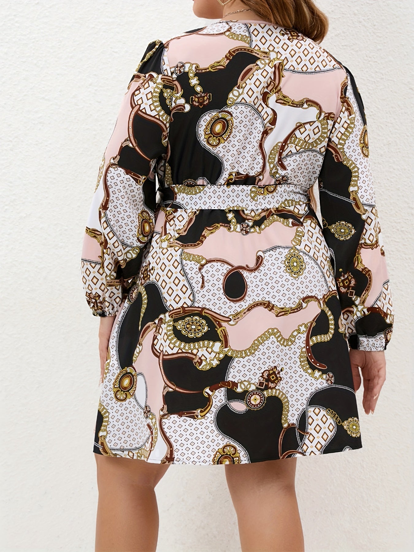  Colorblock Chain Print Long Sleeve Dress