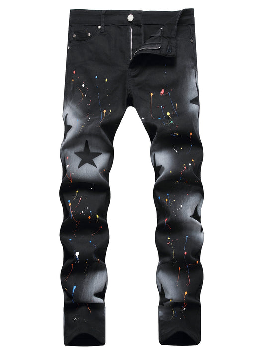 Y2k Star Pattern Spray Painted Slim Fit Jeans Men's Casual Street Style