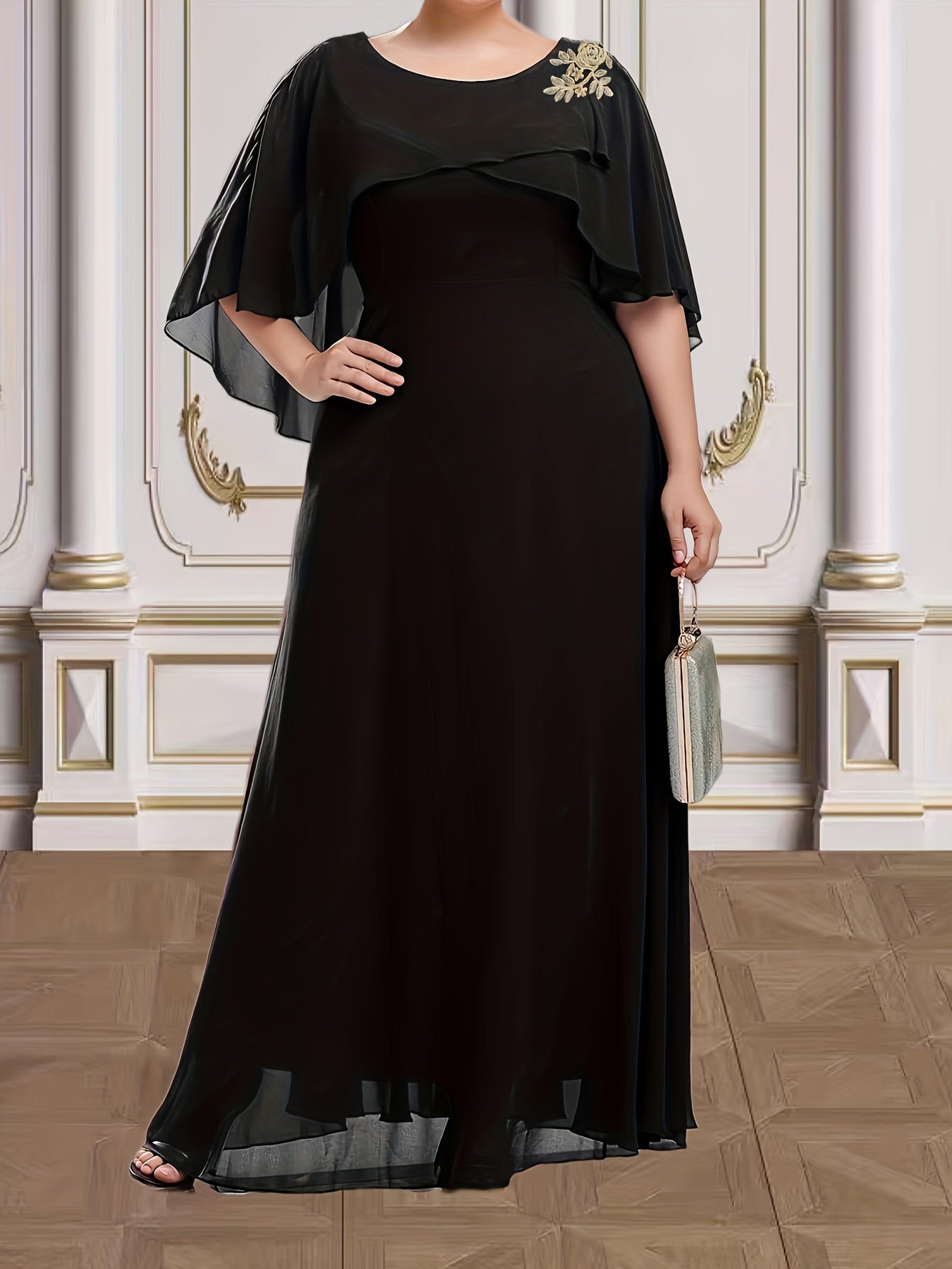 Floral Appliques Wrap Cape Sleeve Party Dress