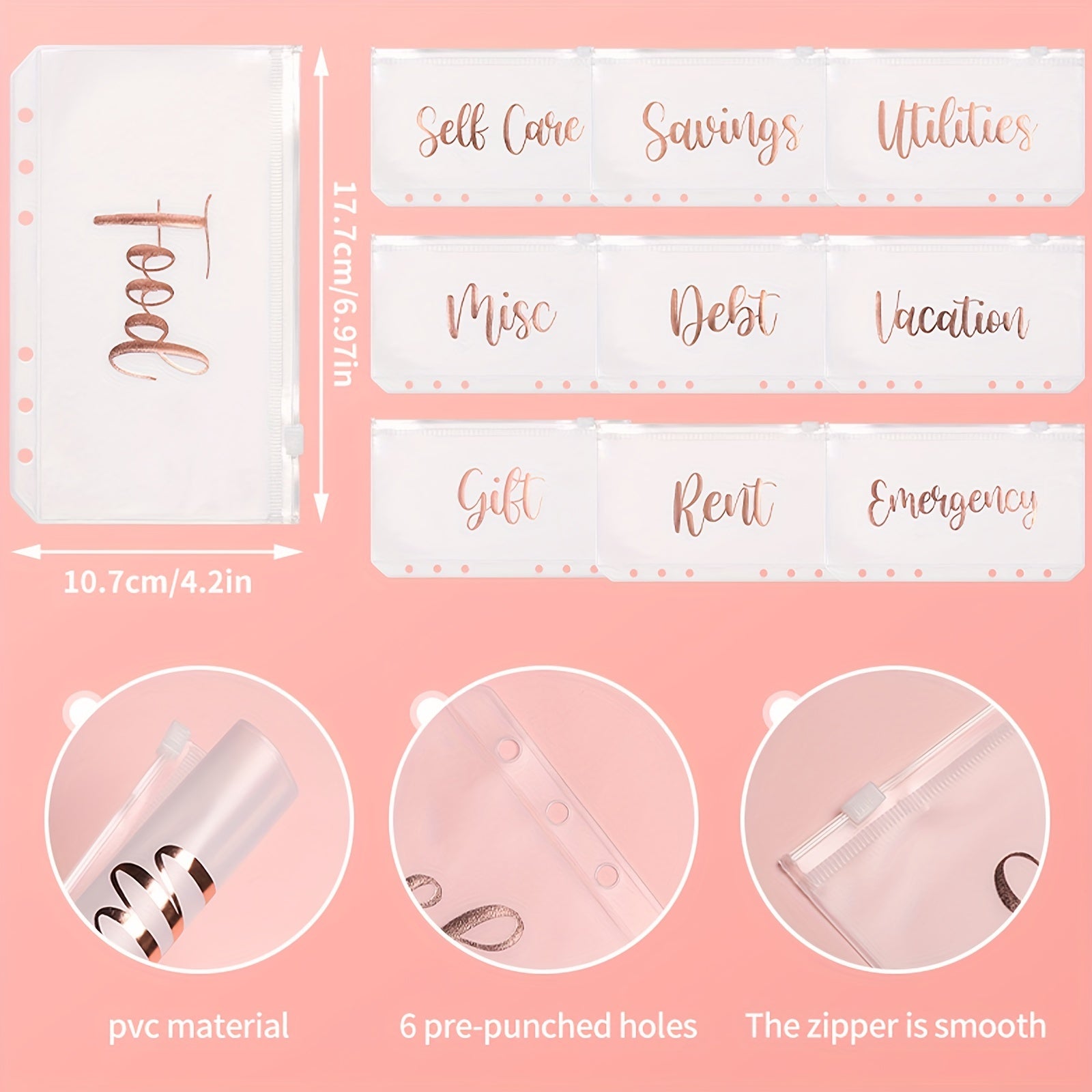 10pcs Rose Golden Letter Binder Zipper Bags Set