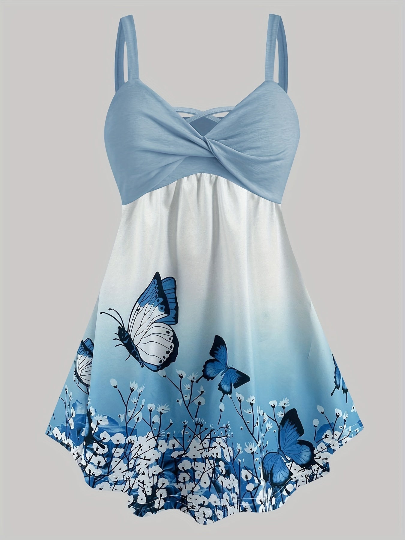 Butterfly Print Sleeveless Cami Top Criss Cross V Neck Cami Top