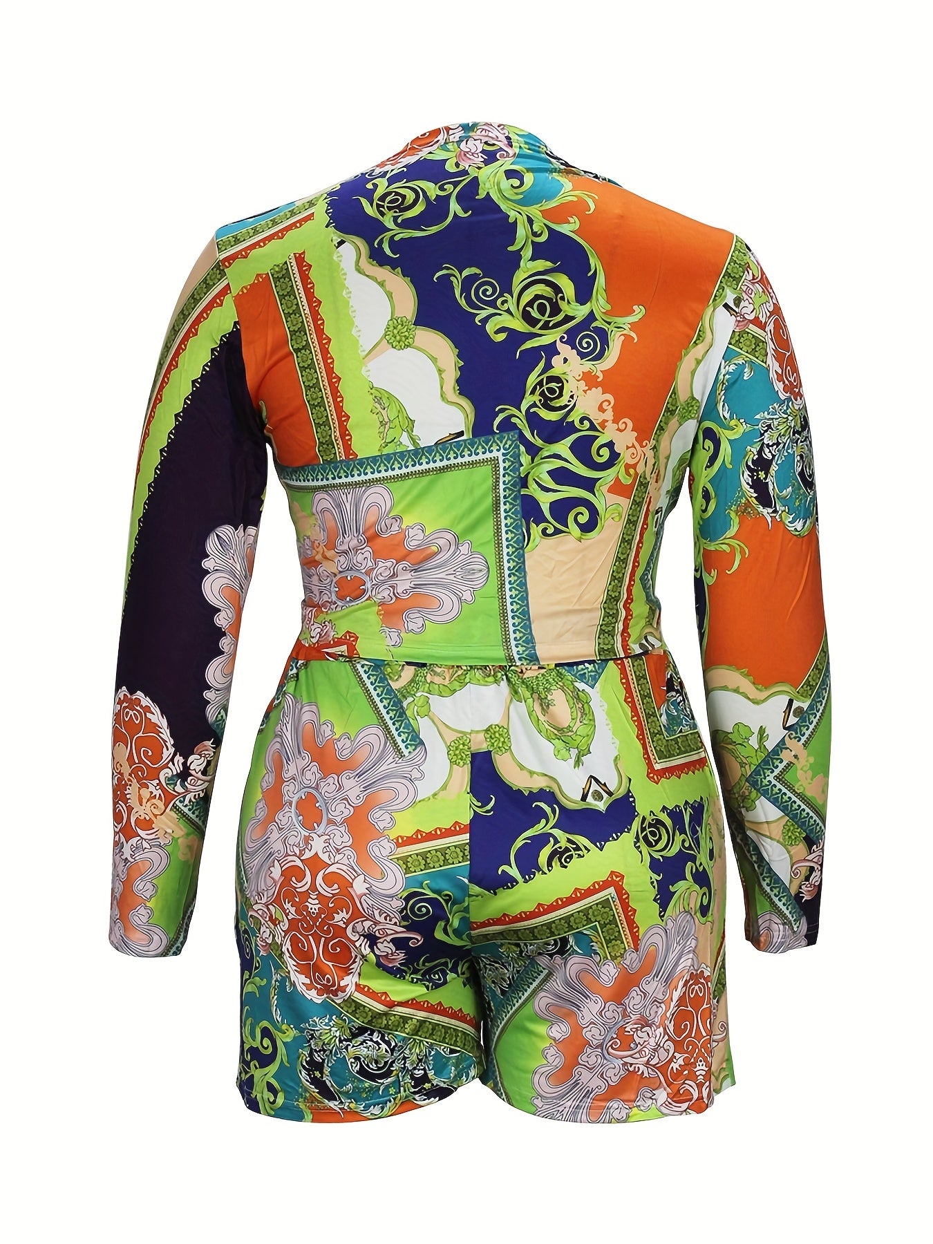 Boho Plus Size 2PC Set: Scarf Print Crop Top & Shorts