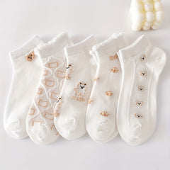 5 Pairs Cartoon Bear Print Socks & Ankle Socks Women's Stockings