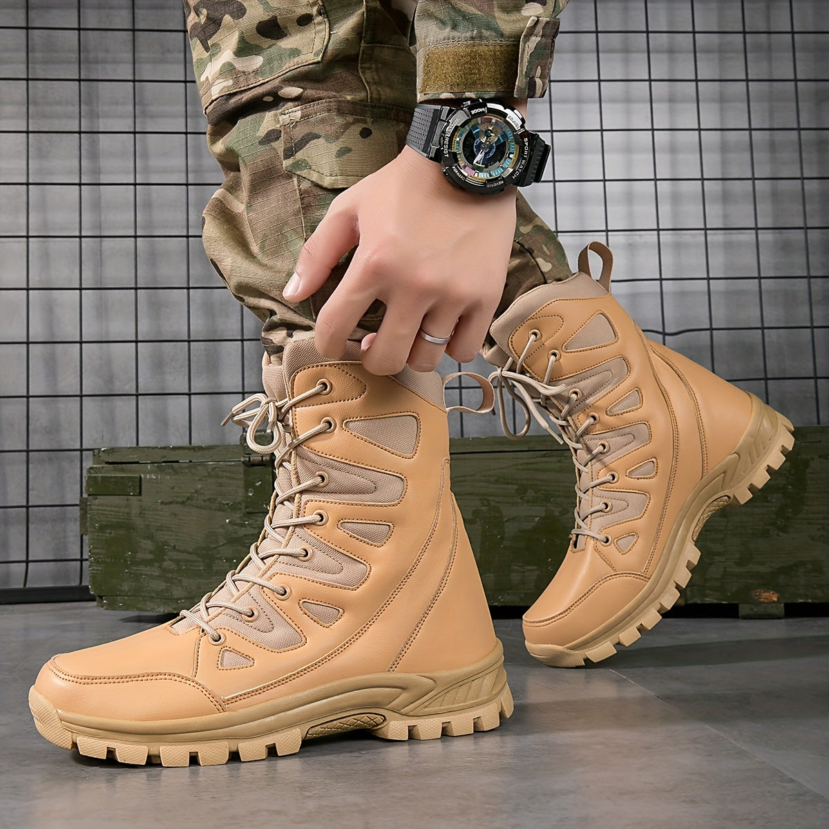 Men's Casual Combat Boots Lace-up Walking Hiking Outdoor Shoes