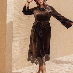 Velvet Lace Sleeve Round Neck Dress With Belt