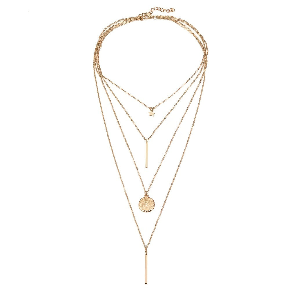 Layered Star Round Pendant Necklace For Women