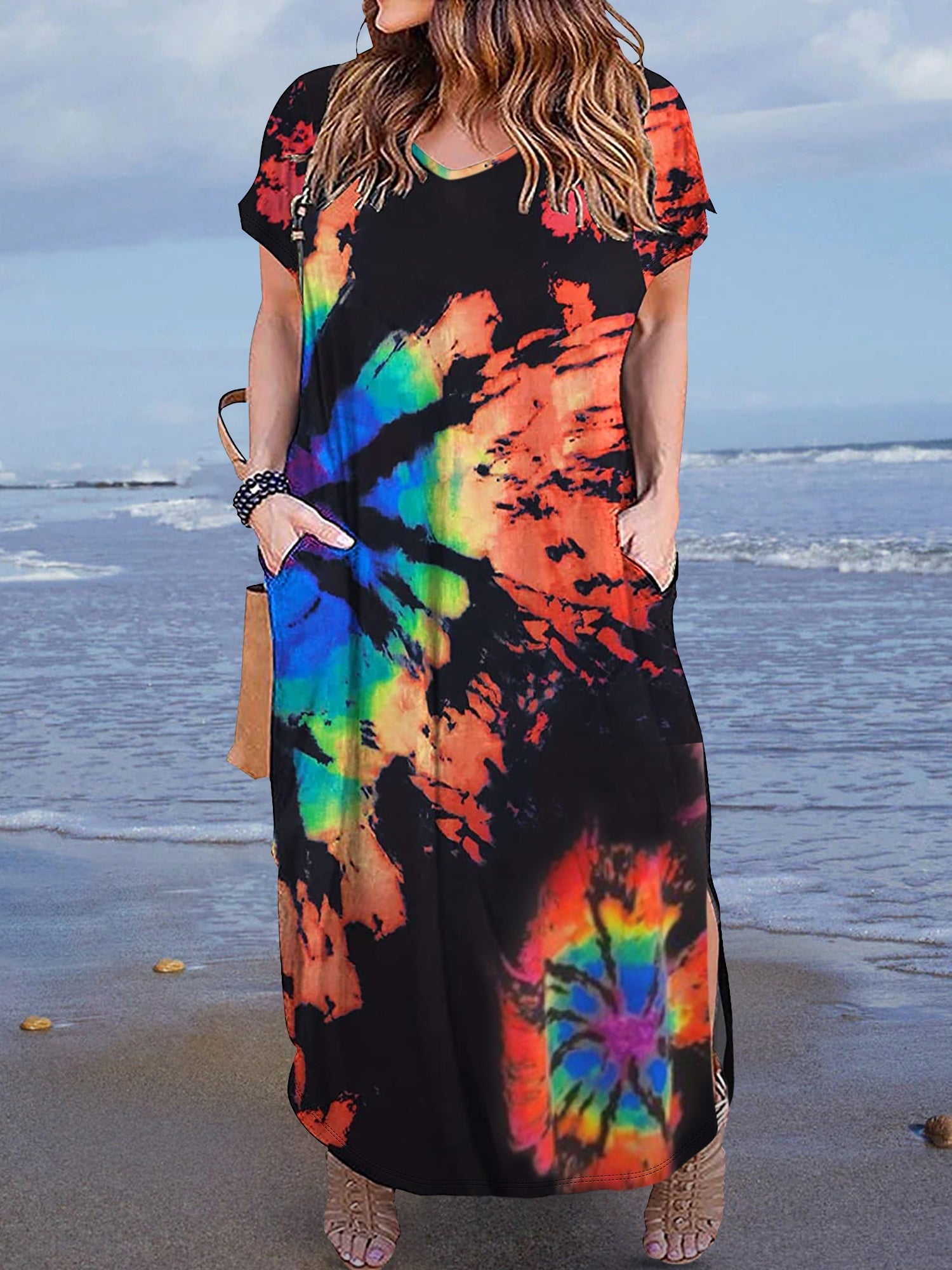 Women's Plus Tie Dye Short Sleeve V Neck Maxi Dress With Pockets