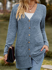  Ribbed Button Up Long Sleeve V Neck Knit Cardigan