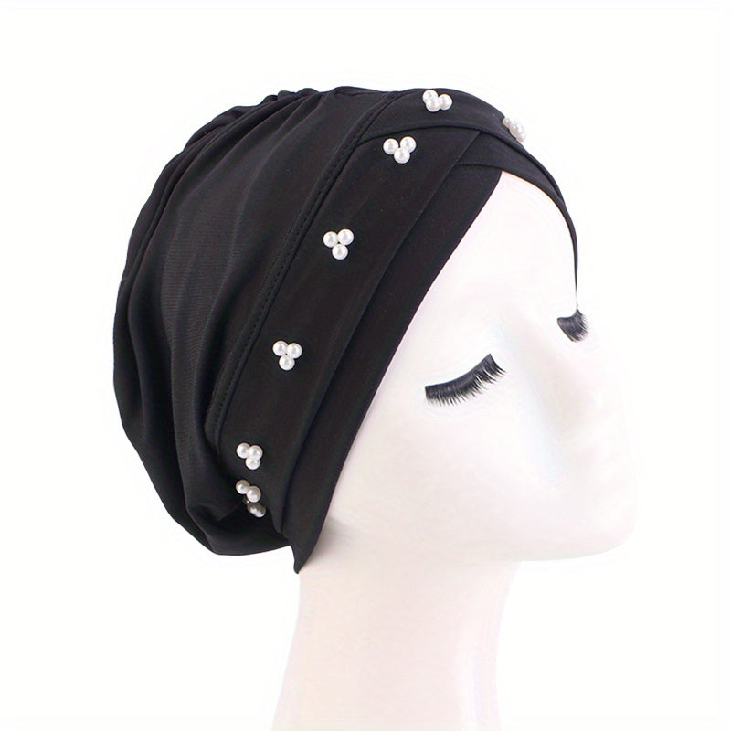 Faux Pearl Decor Turban Cap Solid Beanie Ruched Head Wrap