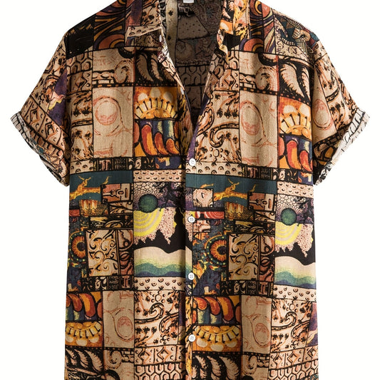 Men's Retro Ethnic Print Camp Collar Bowling Shirt