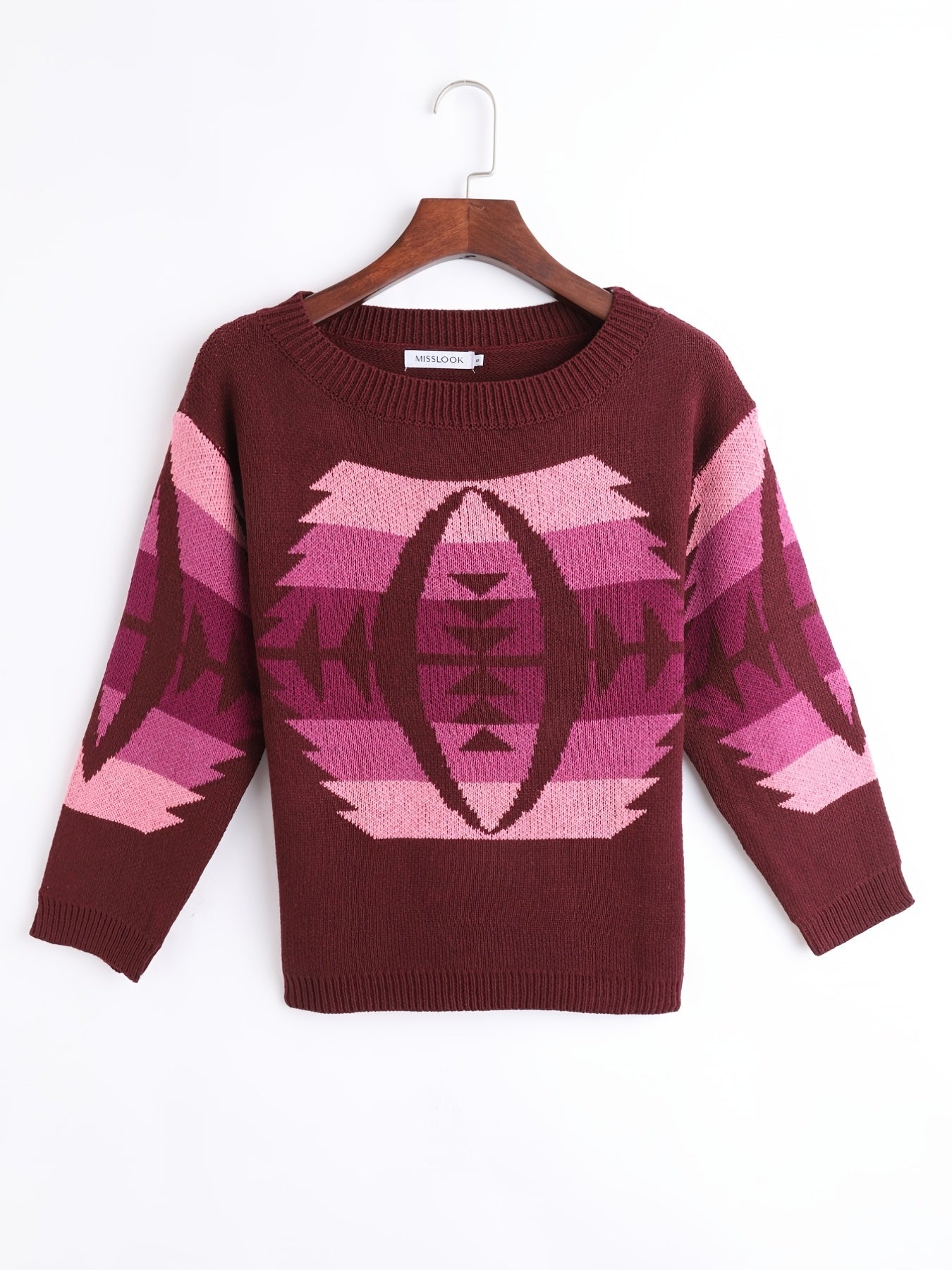 Women's Block Crew Neck Sweater Casual Long Sleeve Knit Sweater