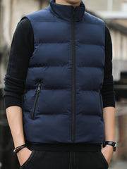 Men's Sleeveless Cotton Padded Jacket Winter Stand Collar Faux Down Zip Vest