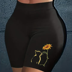 Women's Plus Sunflower & Cat Print High Rise Shorts