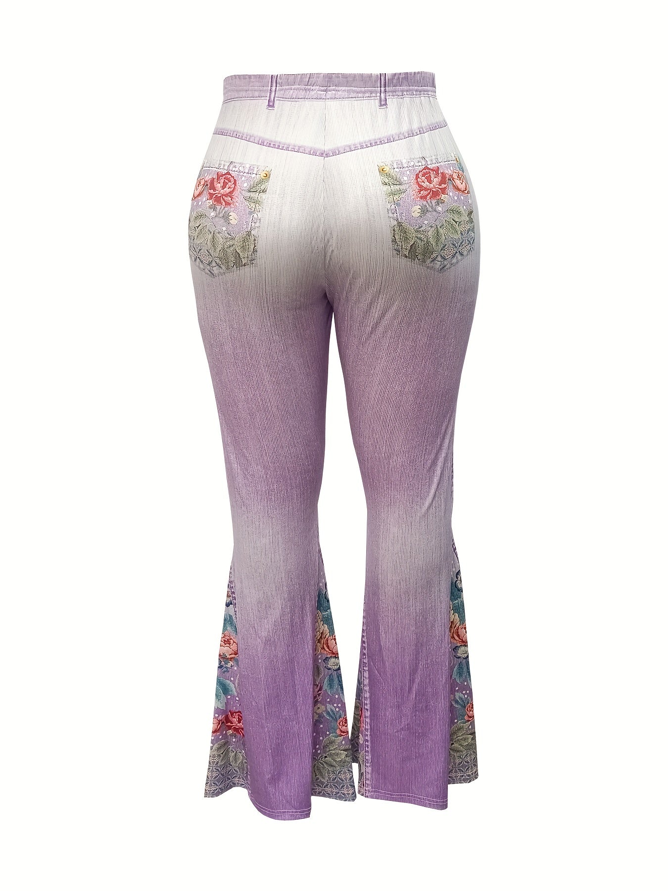  Denim Print Floral Panel Flare Pants