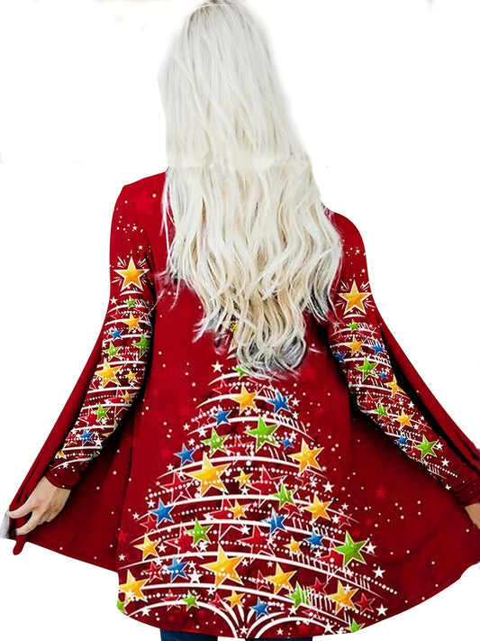  Christmas Cardigan Women's Tree Print Open Front