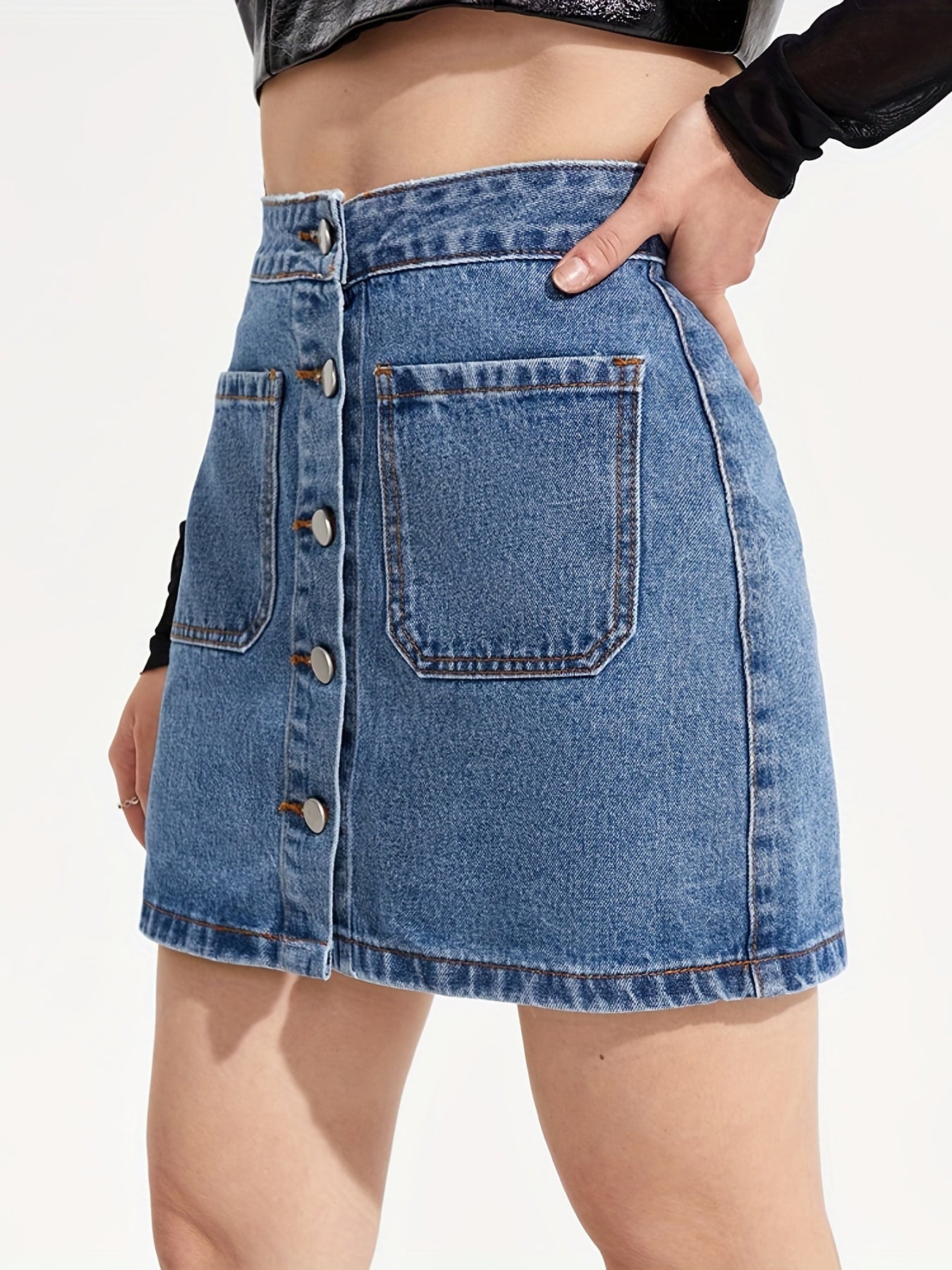 Mid Waist Denim Skirt Single Breasted Patch Pockets