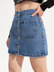Mid Waist Denim Skirt Single Breasted Patch Pockets