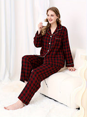  Plaid Print Pajamas Set - Long Sleeve Button Up Shirt & Pants
