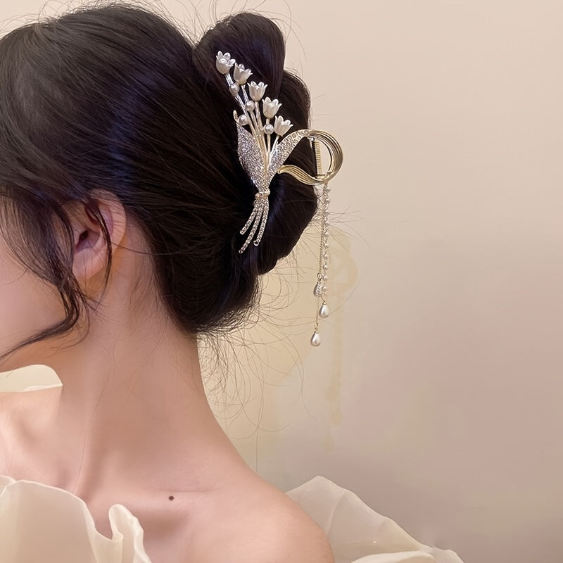 Beige Flower Hair Claws Pearl Tassel Hair Claws Hair Accessories