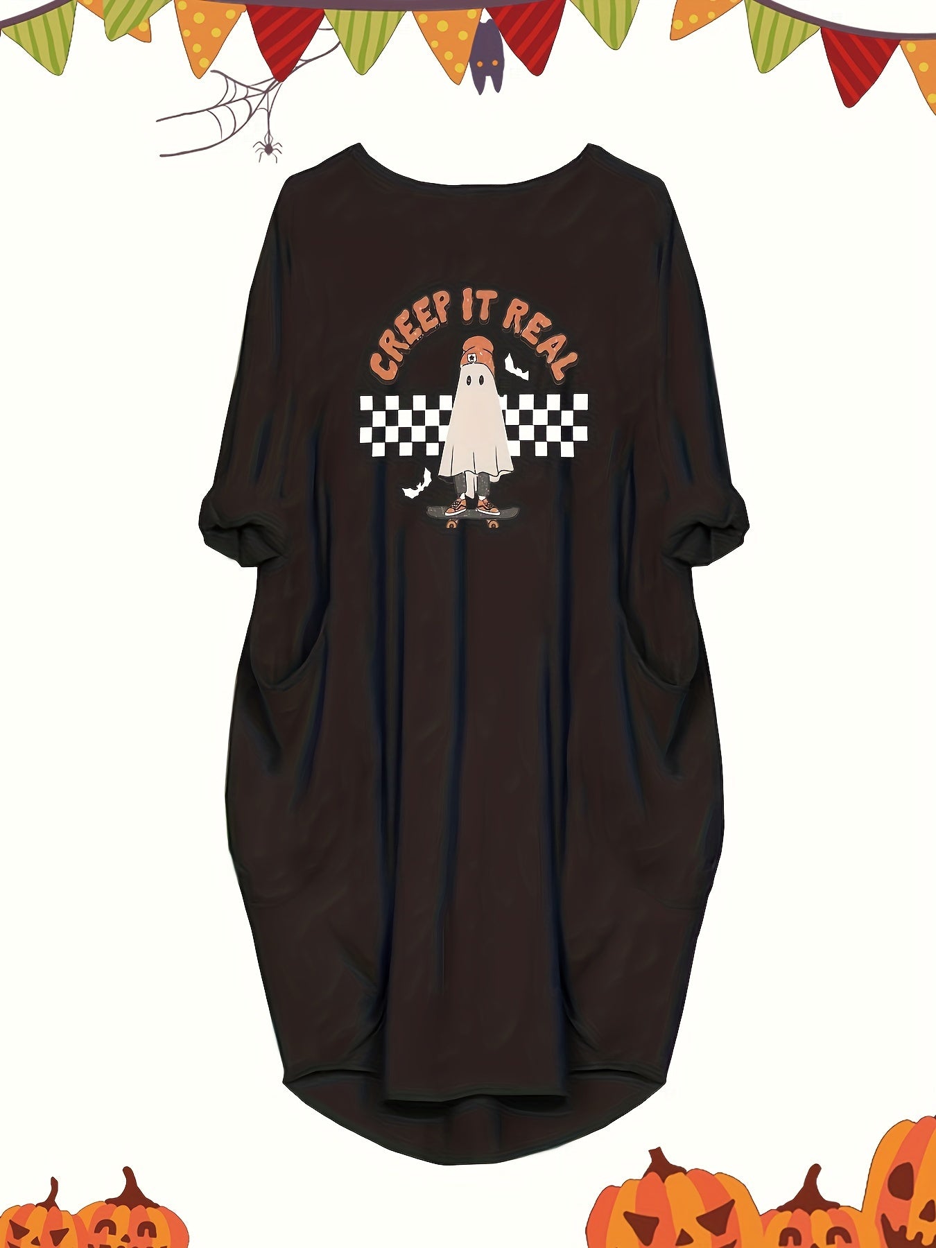  Halloween Dress Women's Plus Ghost Print Long Sleeve Round Neck Dress
