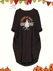  Halloween Dress Women's Plus Ghost Print Long Sleeve Round Neck Dress