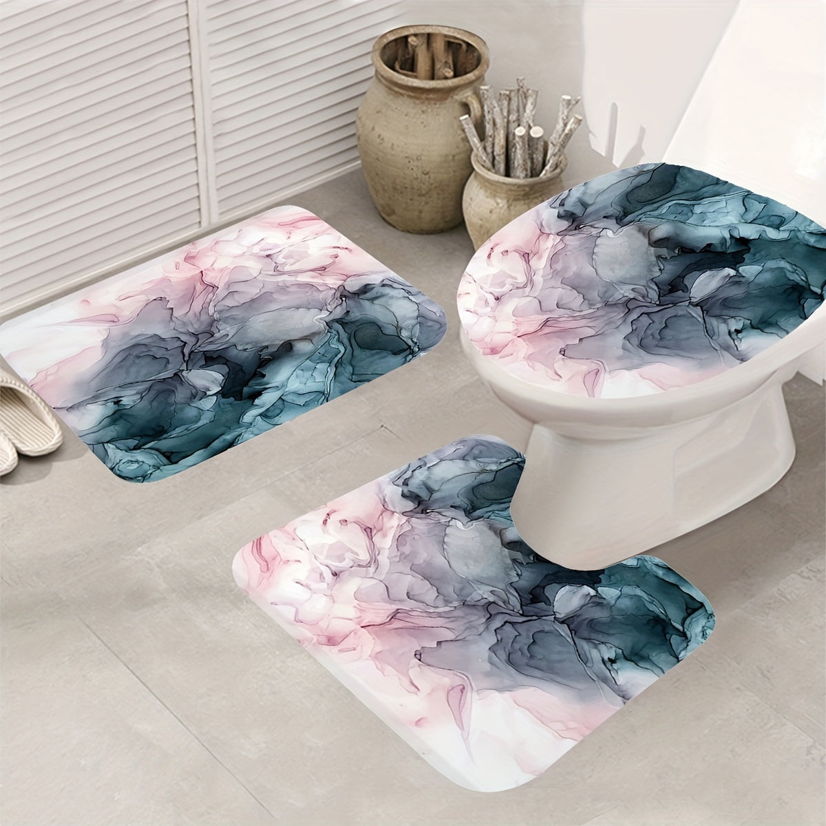 Marble Waterproof Shower Curtain Set with 12 Hooks, Non-Slip Bathroom Rug