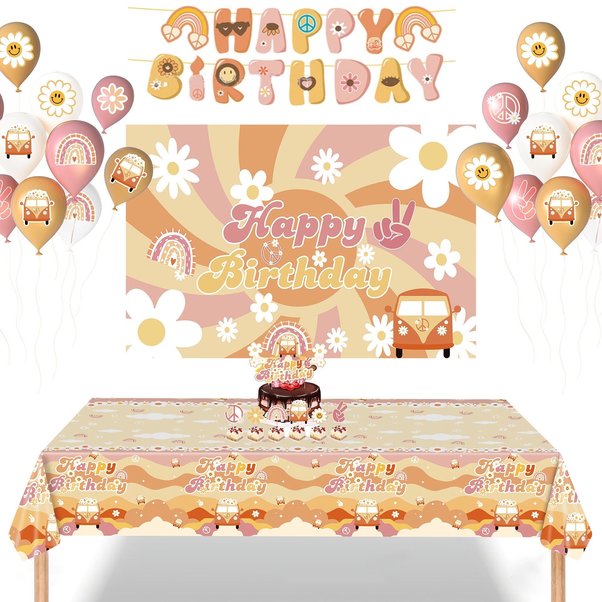Rainbow Birthday Party Tablecloth, Disposable Hippie Bus Decoration