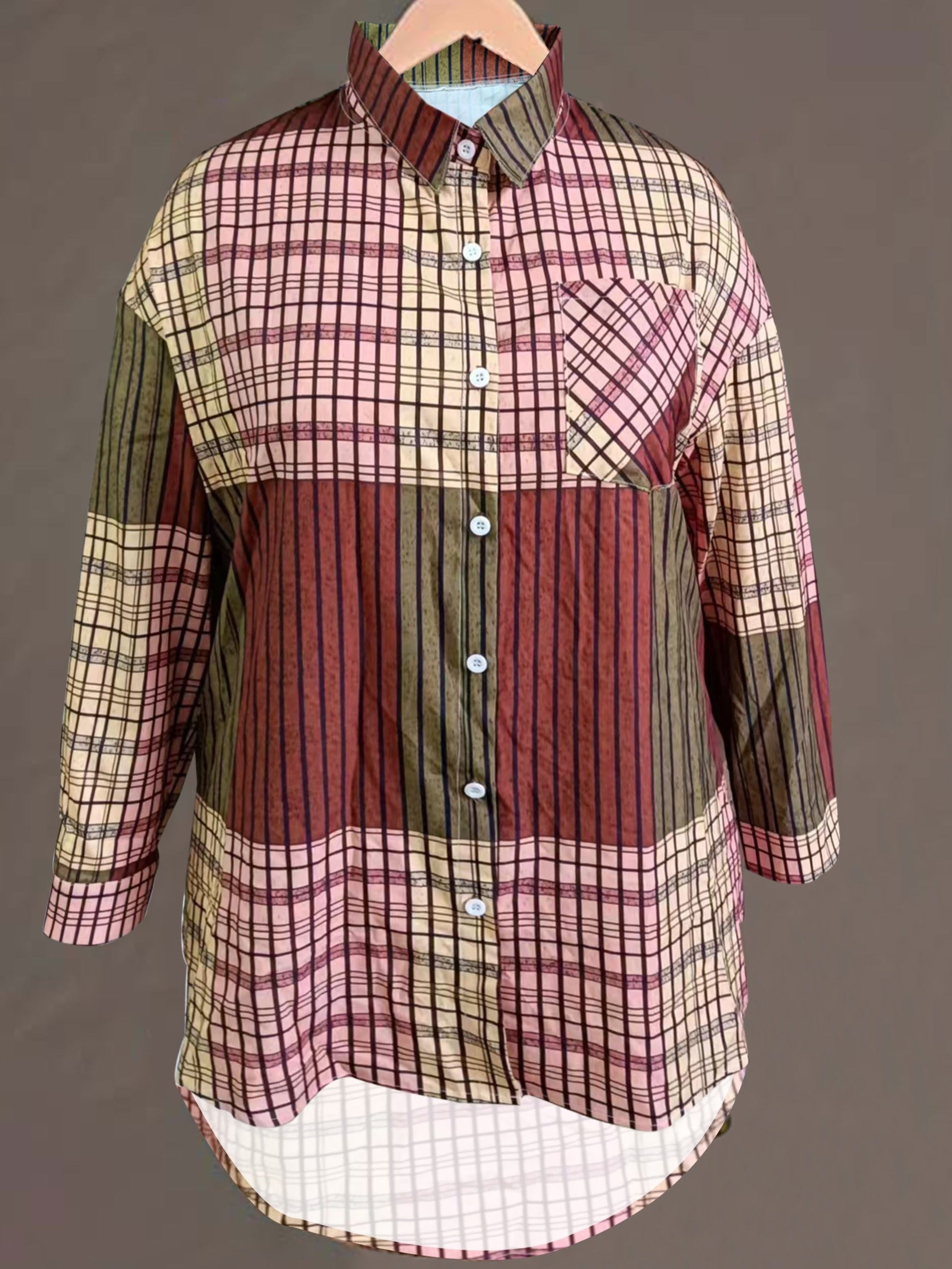  Colorblock Plaid Blouse Long Sleeve Button Up