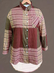  Colorblock Plaid Blouse Long Sleeve Button Up