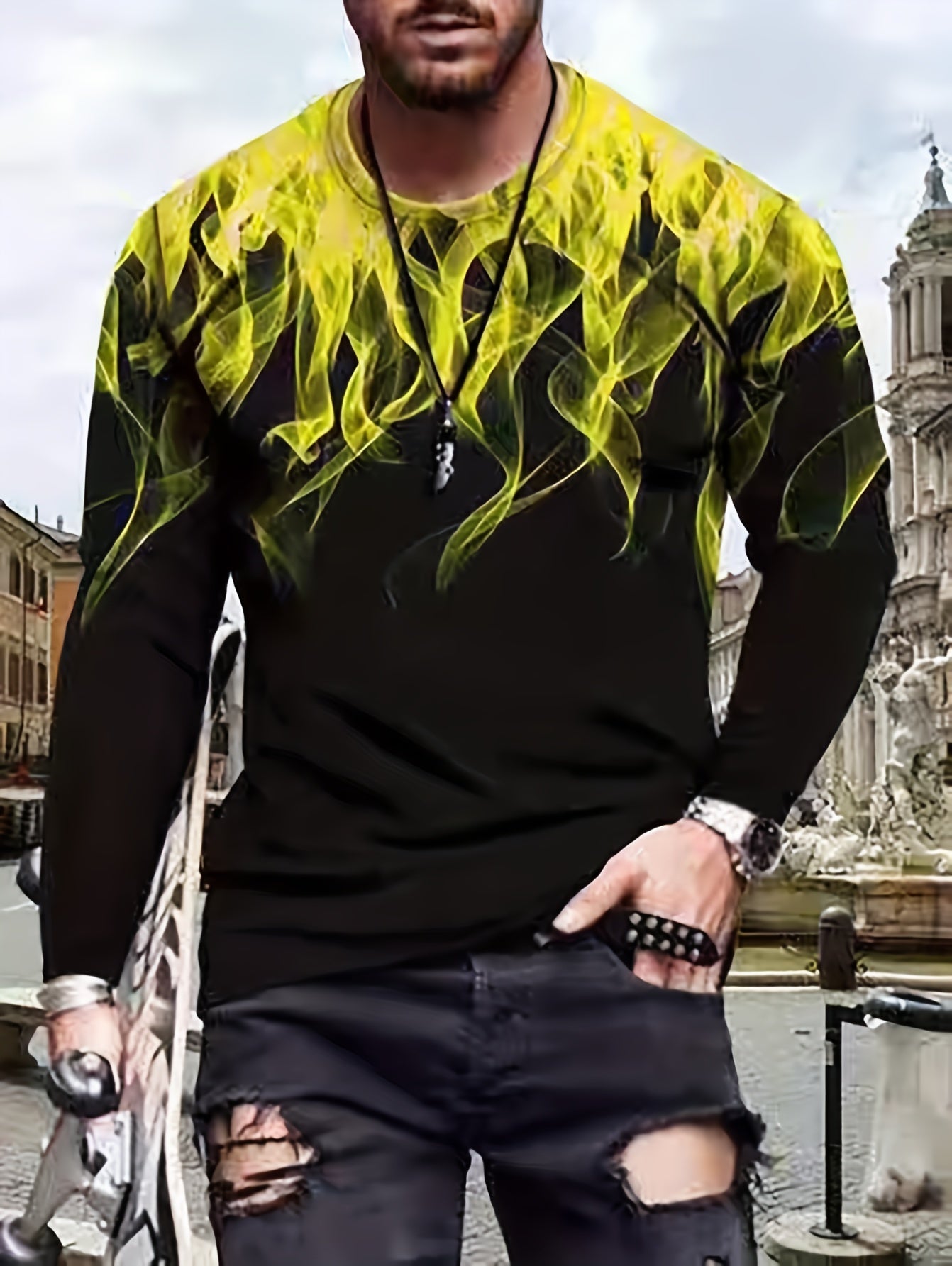 3D Fire Print Men's Graphic Long Sleeves T shirt