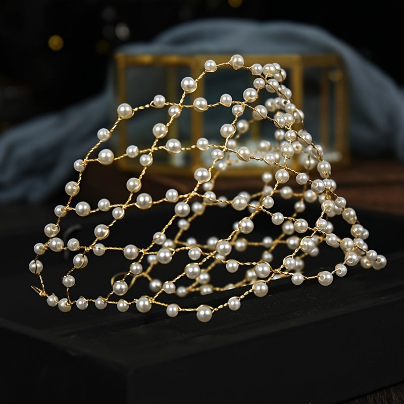 Faux Pearl Mesh Hairband Hollow Out Headdress Bridal Wedding Hair Acces