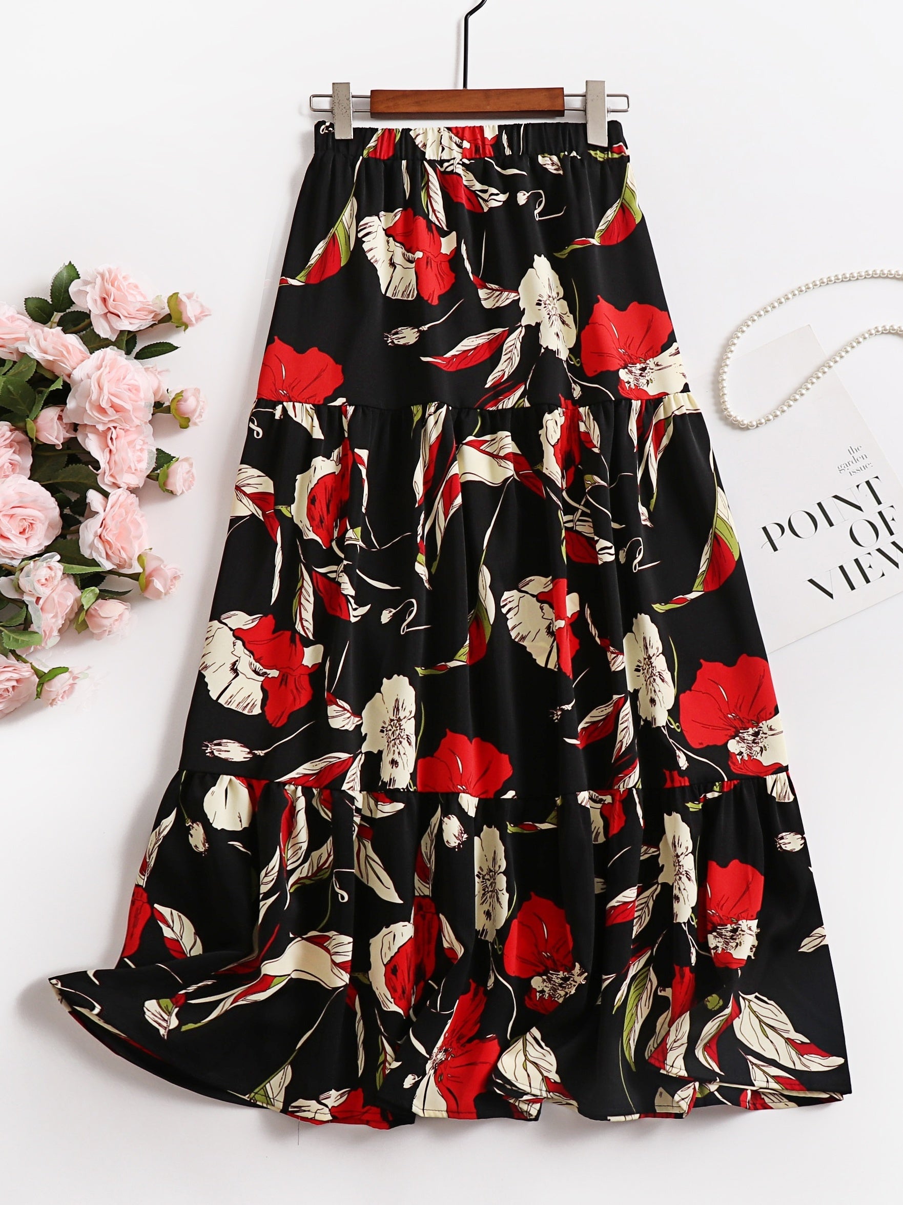  Maxi Floral Print A-Line Smock Skirt