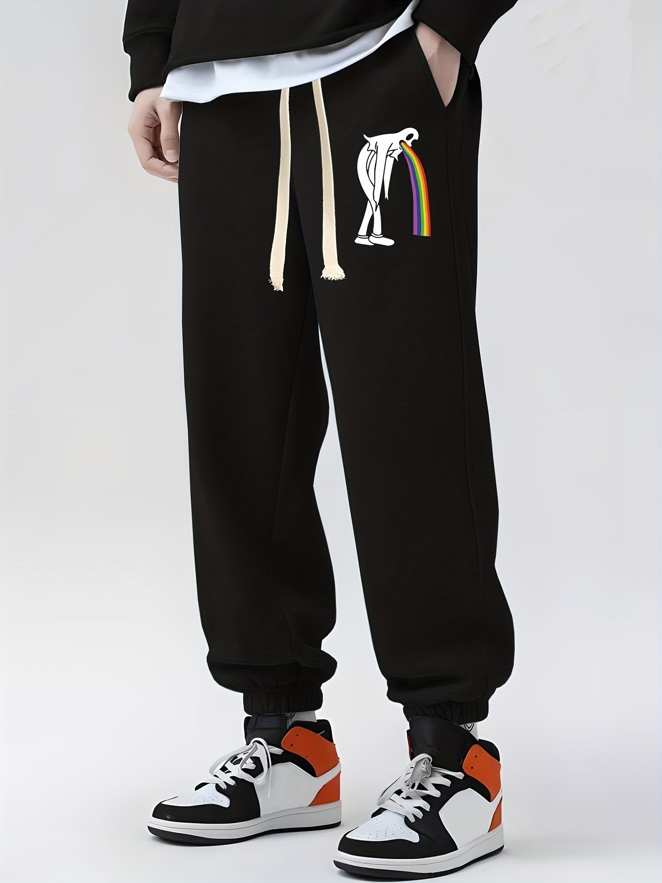 Funny Sheet Ghost Vomiting Rainbow Print Drawstring Sweatpants Loose Fit Pants