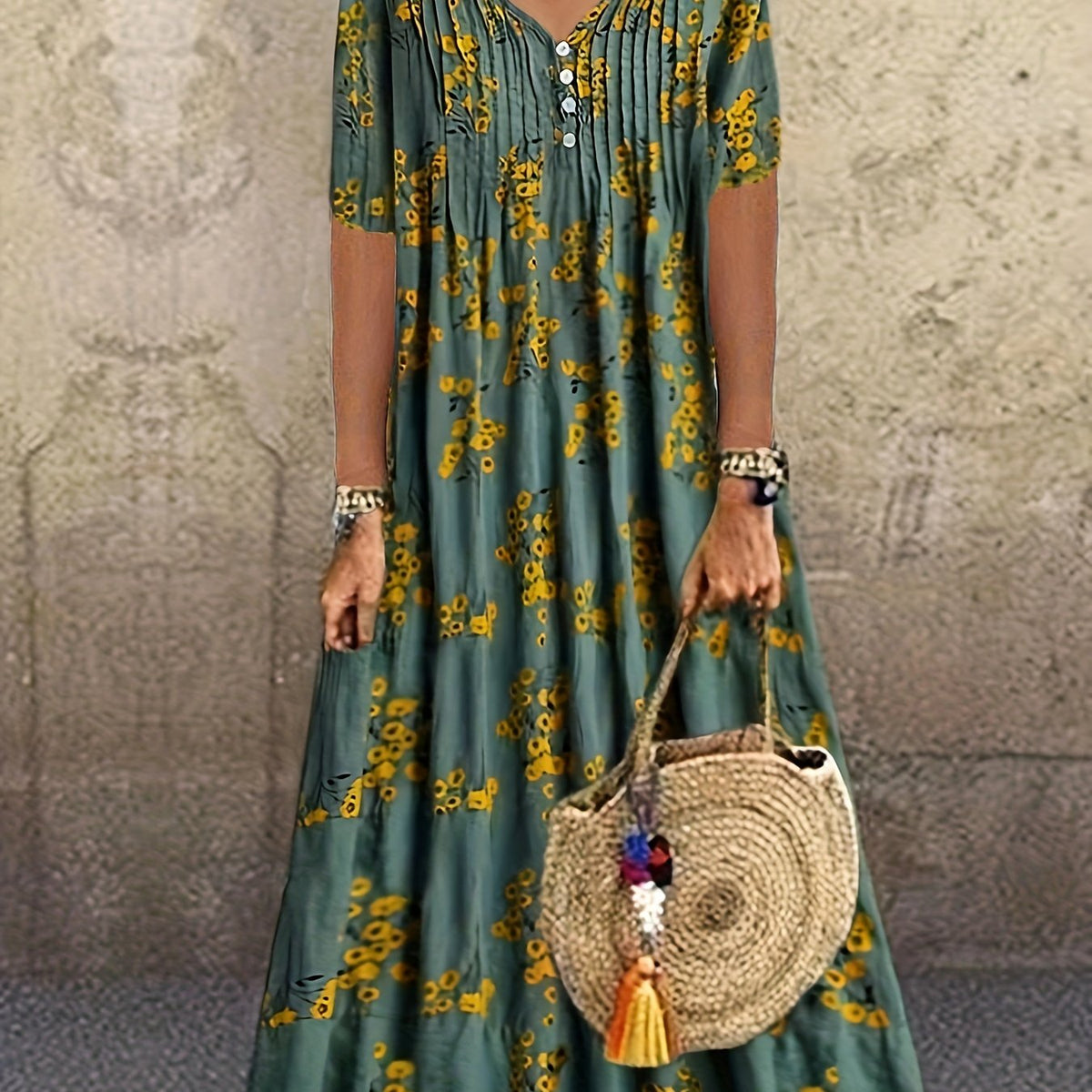  Floral Print V Neck Maxi Pleated Dress
