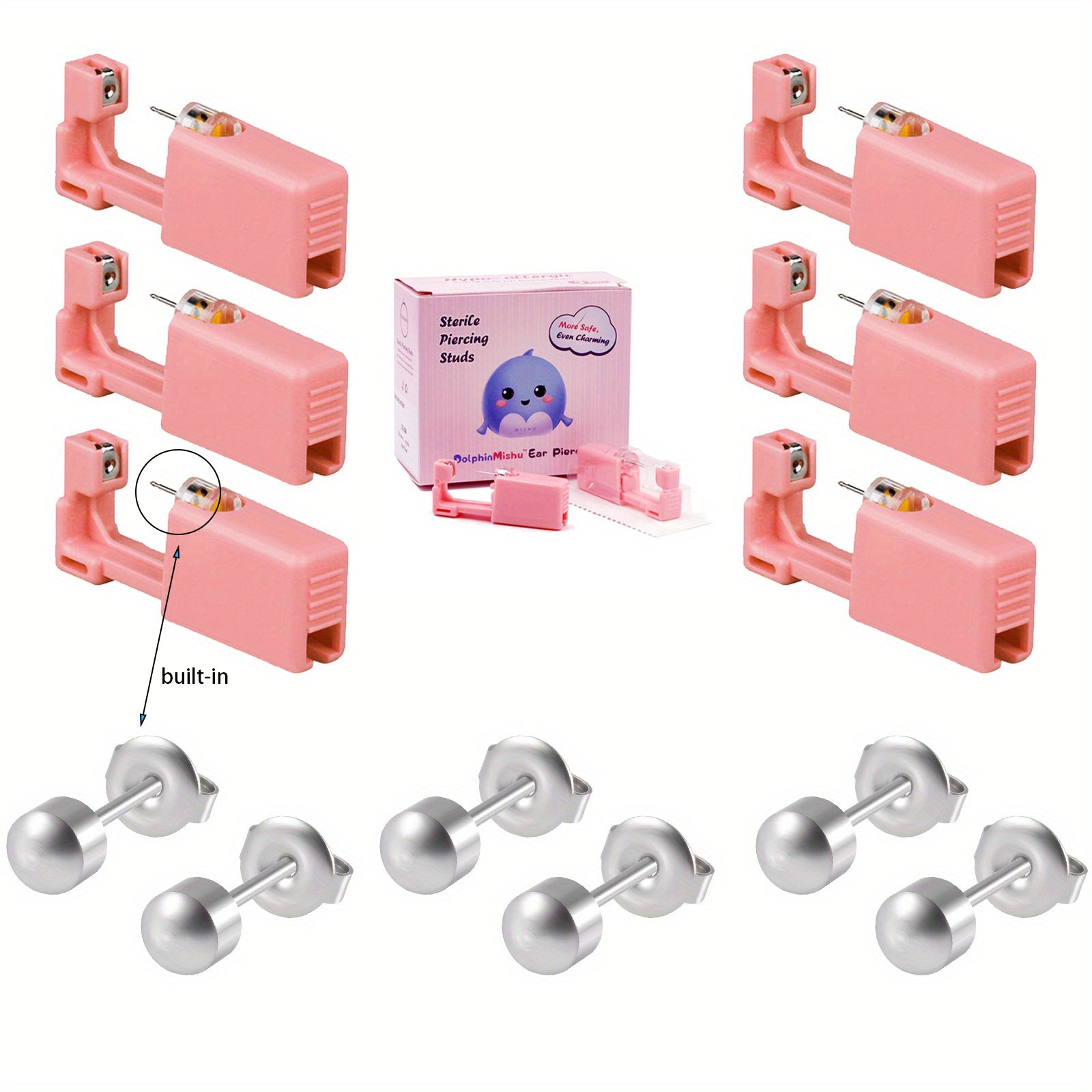 6PCS Pink Ear Piercing Kit Disposable Self Ear Piercing Gun Kit