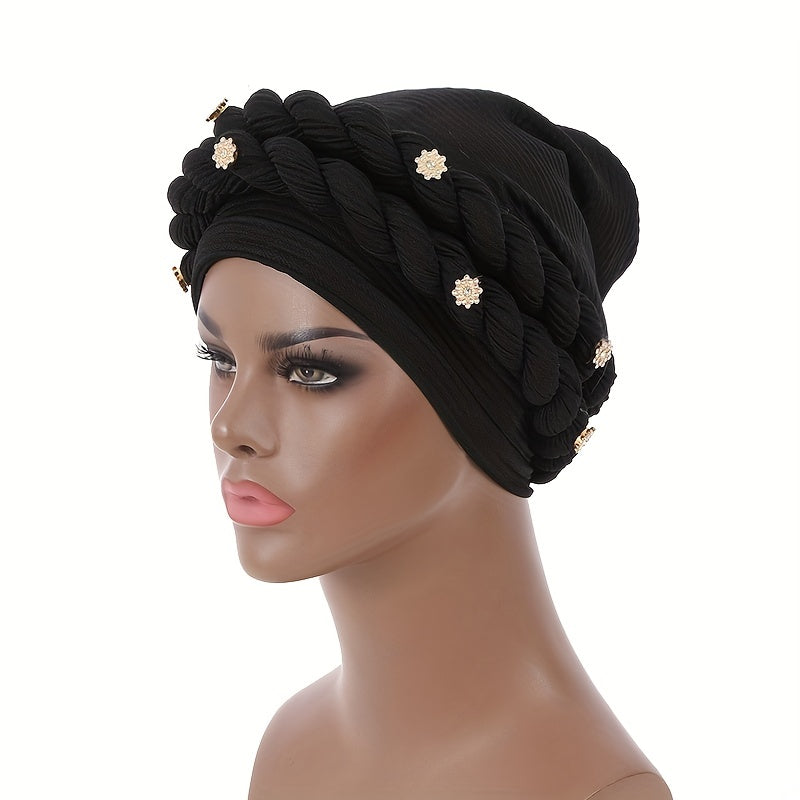 Twisted Braided Turban Cap Pre-tied Crinkle Head Wrap Elastic Ramadan Hijab