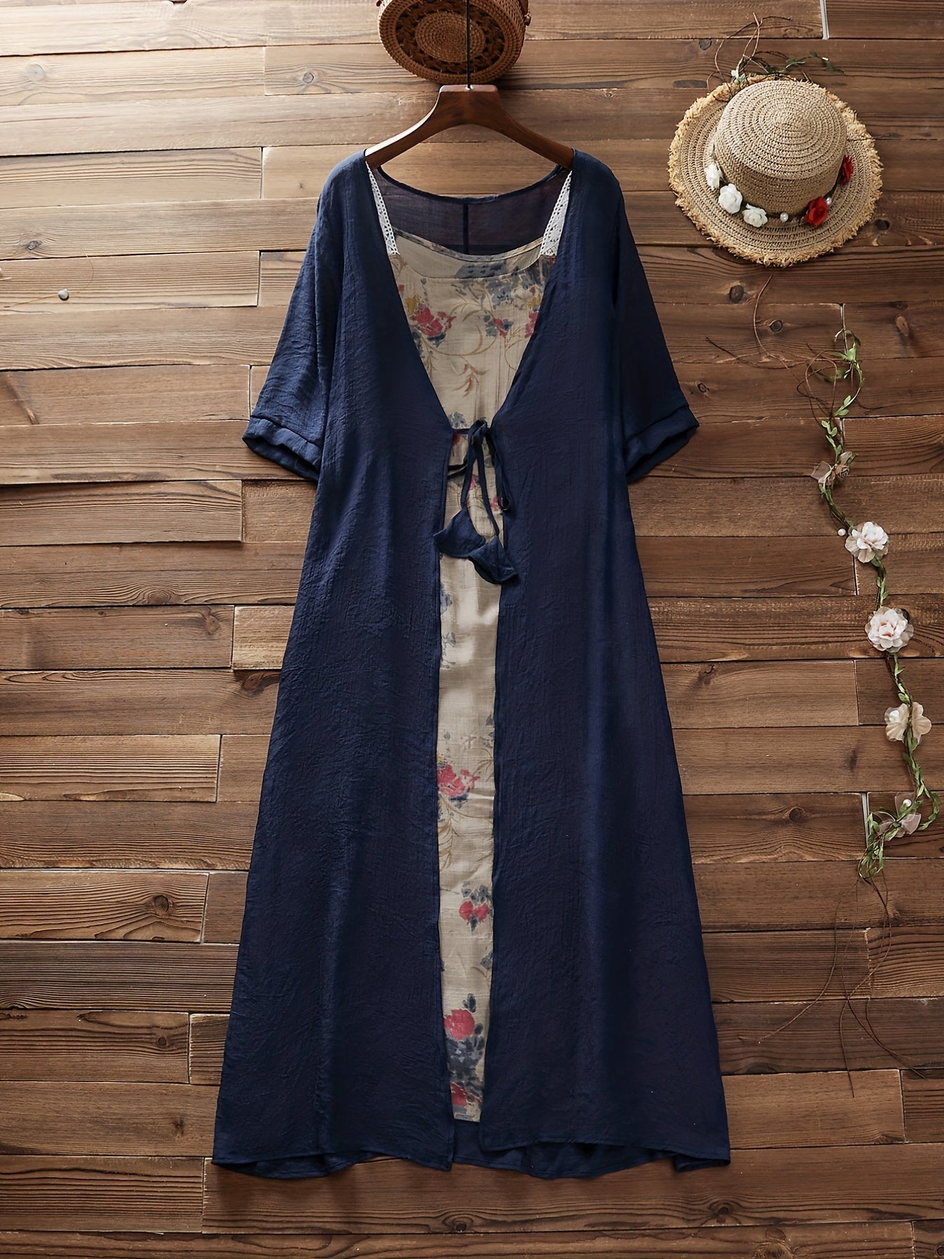  Casual Outfits 2 Piece Set Solid Cover Up & Floral Print Cami Dress