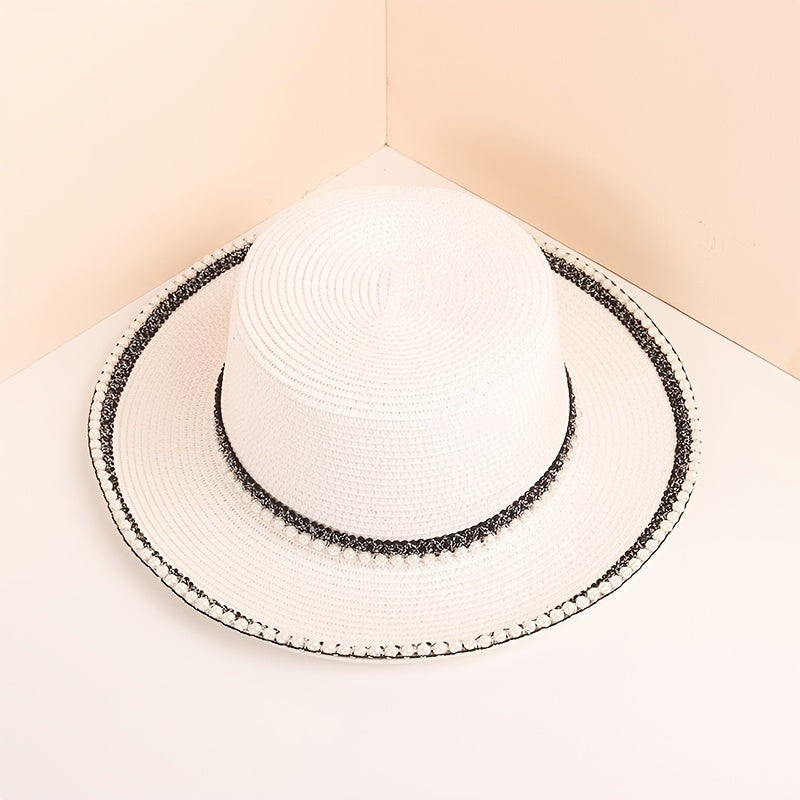 Faux Pearl Decor Sun Hat Flat Top Jazz Fedora Cap Women