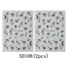 2pcs 5D Floral Nail Art Stickers Set Acrylic Flowers Decals with Glitter
